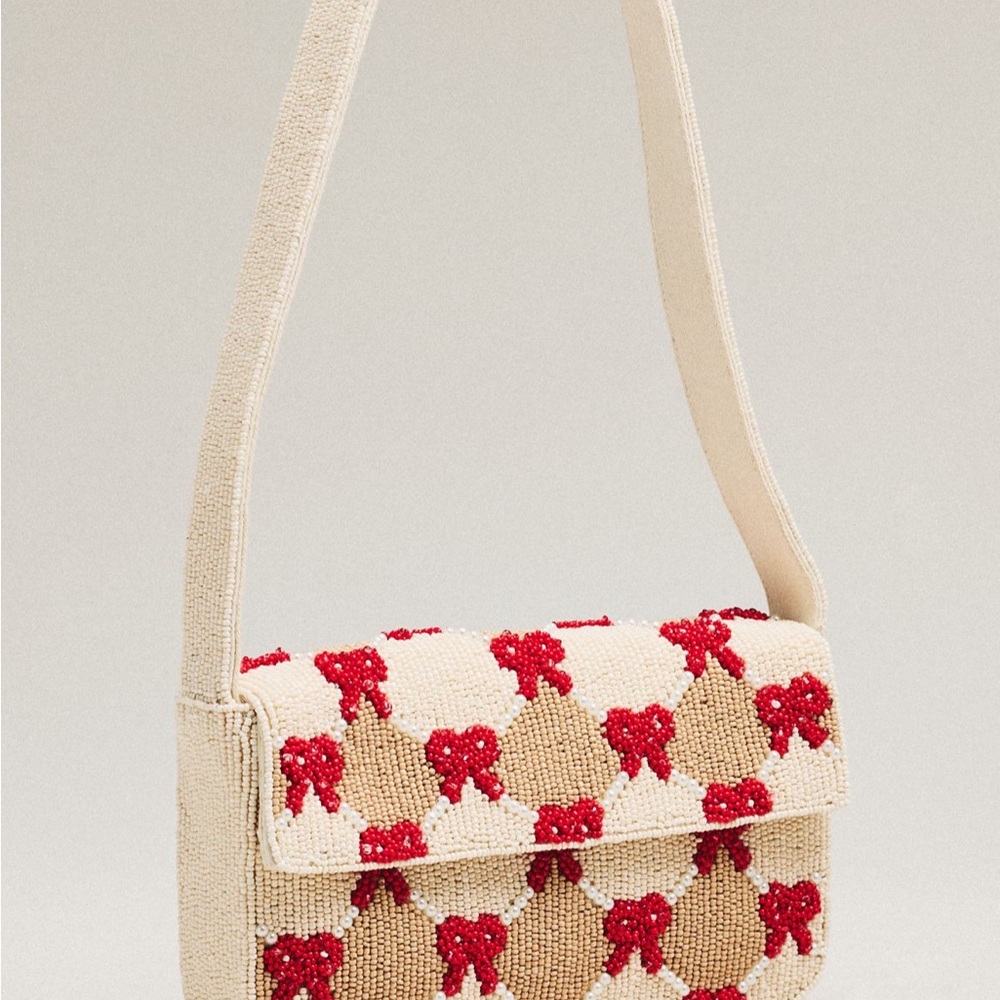 Anthropologie Beige and Red Bow Shoulder Bag
